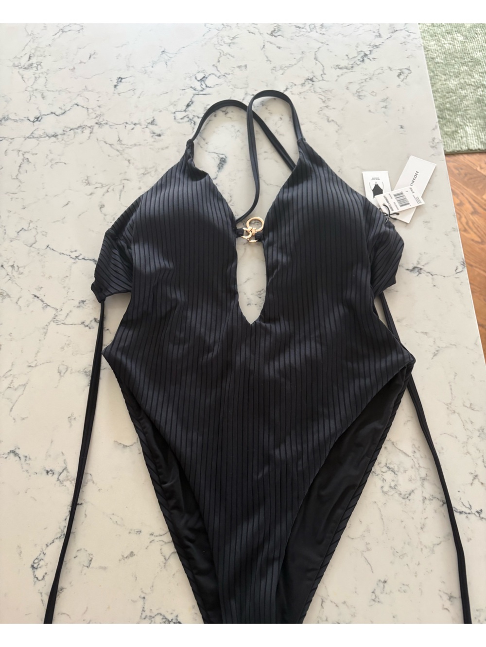 Rebecca Minkoff Black Ribbed High-Cut One-Piece with Gold Ring